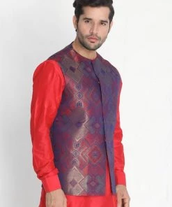 Vastramay Men's Red Silk Blend Ethnic Jacket