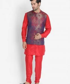 Vastramay Men's Red Cotton Blend Kurta, Ethnic Jacket And Churidar Set