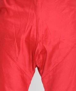 Vastramay Men's Red Cotton Blend Kurta, Ethnic Jacket And Churidar Set