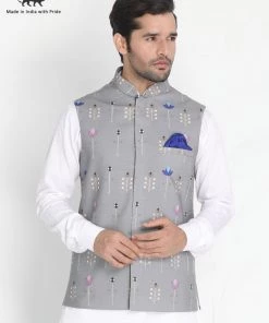 Buy 1 Get 1 VASTRAMAY Men's Grey Silk Blend Ethnic Jacket