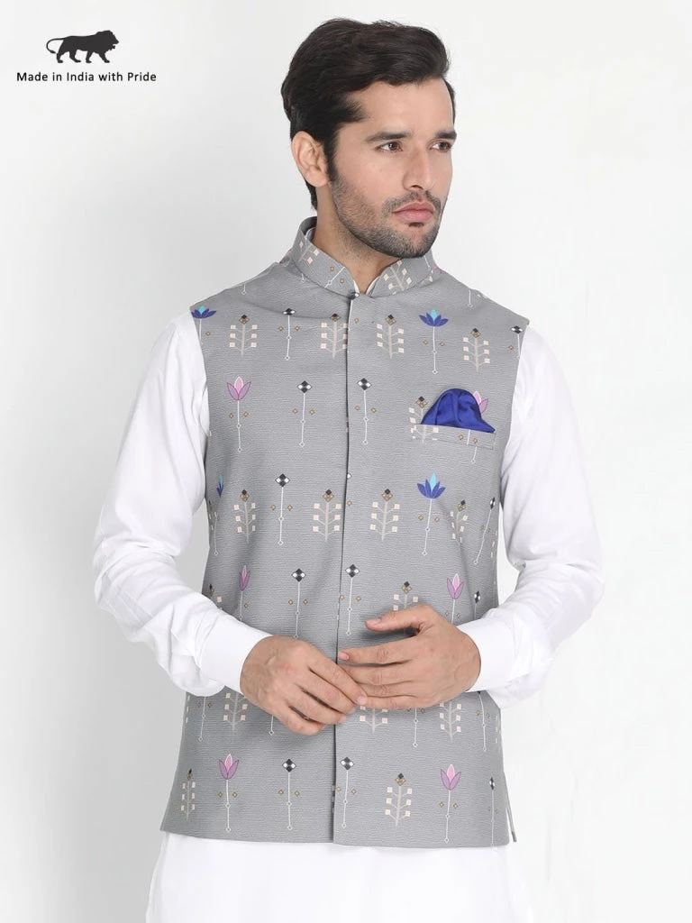 Buy 1 Get 1 VASTRAMAY Men's Grey Silk Blend Ethnic Jacket 5 Buy 1 Get 1 VASTRAMAY Men's Grey Silk Blend Ethnic Jacket