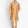 Vastramay Men's Yellow Cotton Silk Blend Kurta, Ethnic Jacket And Pyjama Set