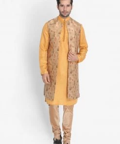 Vastramay Men's Yellow Cotton Silk Blend Kurta, Ethnic Jacket And Pyjama Set