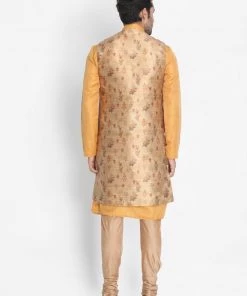 Vastramay Men's Yellow Cotton Silk Blend Kurta, Ethnic Jacket And Pyjama Set