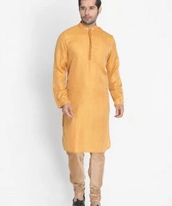 Vastramay Men's Yellow Cotton Silk Blend Kurta, Ethnic Jacket And Pyjama Set