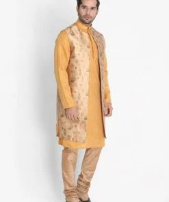 Vastramay Men's Yellow Cotton Silk Blend Kurta, Ethnic Jacket And Pyjama Set