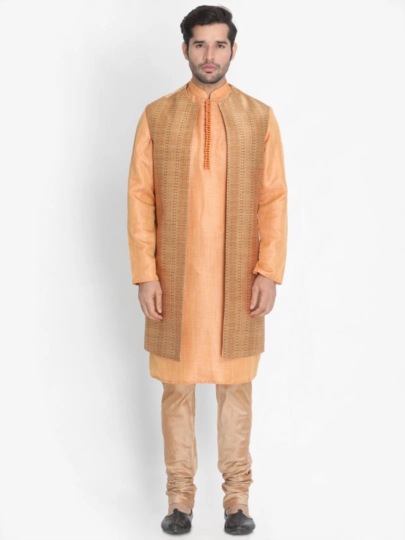 Vastramay Jacket Kurta Sets Men's Orange Cotton Silk Blend Kurta, Long Open Front Jacket, And Churidar Set 3 Vastramay Jacket Kurta Sets Men's Orange Cotton Silk Blend Kurta, Long Open Front Jacket, And Churidar Set
