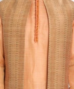 Vastramay Jacket Kurta Sets Men's Orange Cotton Silk Blend Kurta, Long Open Front Jacket, And Churidar Set