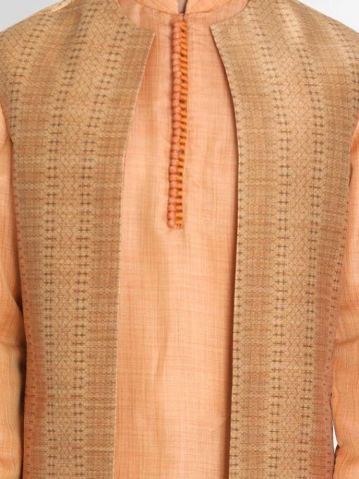 Vastramay Jacket Kurta Sets Men's Orange Cotton Silk Blend Kurta, Long Open Front Jacket, And Churidar Set 4 Vastramay Jacket Kurta Sets Men's Orange Cotton Silk Blend Kurta, Long Open Front Jacket, And Churidar Set