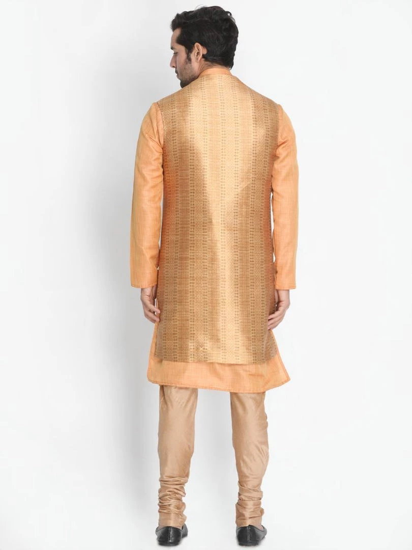 Vastramay Jacket Kurta Sets Men's Orange Cotton Silk Blend Kurta, Long Open Front Jacket, And Churidar Set 5 Vastramay Jacket Kurta Sets Men's Orange Cotton Silk Blend Kurta, Long Open Front Jacket, And Churidar Set