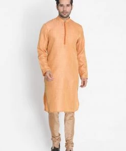 Vastramay Jacket Kurta Sets Men's Orange Cotton Silk Blend Kurta, Long Open Front Jacket, And Churidar Set 13 Vastramay Jacket Kurta Sets Men's Orange Cotton Silk Blend Kurta, Long Open Front Jacket, And Churidar Set