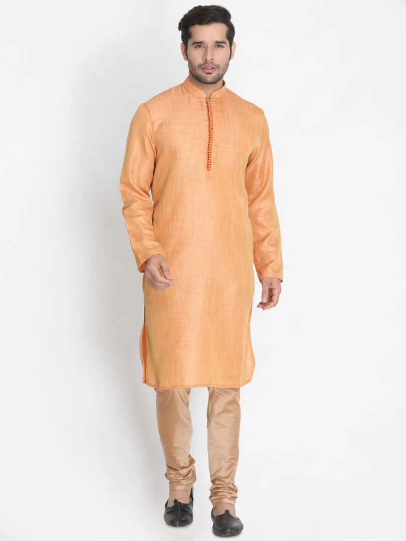 Vastramay Jacket Kurta Sets Men's Orange Cotton Silk Blend Kurta, Long Open Front Jacket, And Churidar Set 7 Vastramay Jacket Kurta Sets Men's Orange Cotton Silk Blend Kurta, Long Open Front Jacket, And Churidar Set