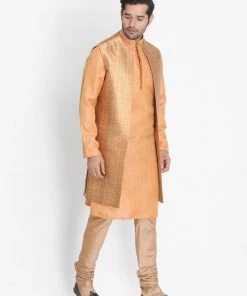 Vastramay Jacket Kurta Sets Men's Orange Cotton Silk Blend Kurta, Long Open Front Jacket, And Churidar Set 14 Vastramay Jacket Kurta Sets Men's Orange Cotton Silk Blend Kurta, Long Open Front Jacket, And Churidar Set