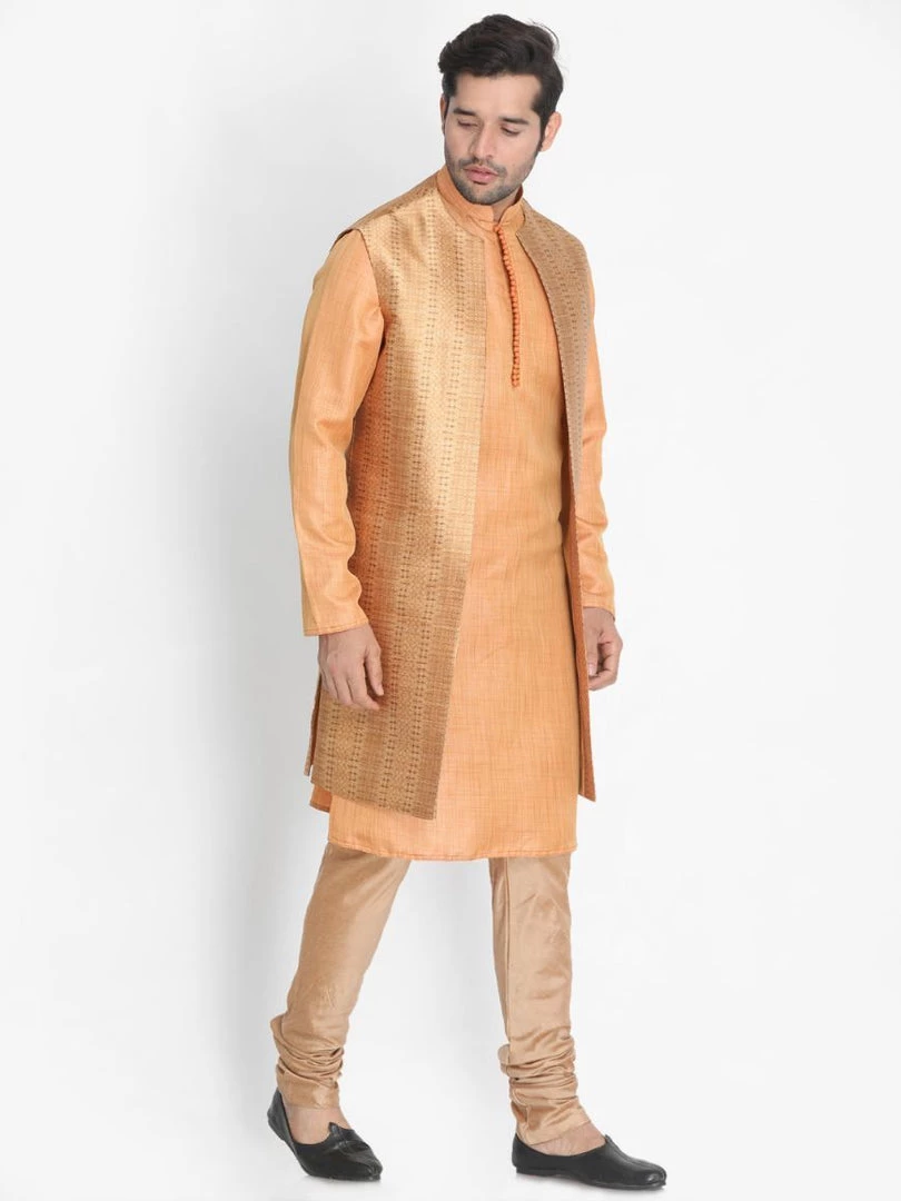 Vastramay Jacket Kurta Sets Men's Orange Cotton Silk Blend Kurta, Long Open Front Jacket, And Churidar Set 8 Vastramay Jacket Kurta Sets Men's Orange Cotton Silk Blend Kurta, Long Open Front Jacket, And Churidar Set