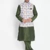 Vastramay Men's Green Cotton Blend Kurta, Ethnic Jacket And Pyjama Set