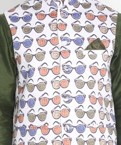 Vastramay Men's Green Cotton Blend Kurta, Ethnic Jacket And Pyjama Set