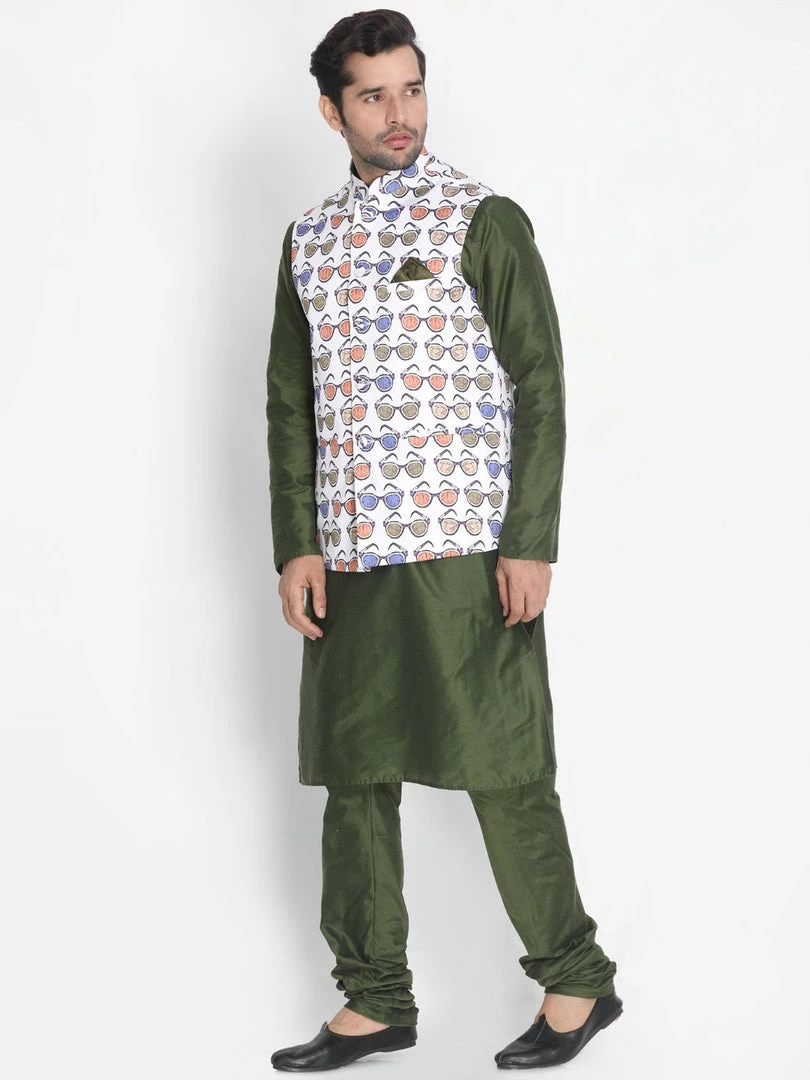 Vastramay Men's Green Cotton Blend Kurta, Ethnic Jacket And Pyjama Set 8 Vastramay Men's Green Cotton Blend Kurta, Ethnic Jacket And Pyjama Set