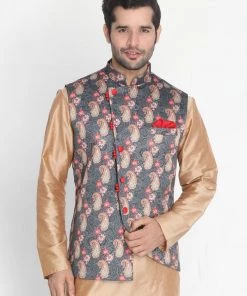 Buy 1 Get 1 VASTRAMAY Men's Grey Silk Blend Ethnic Jacket