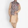Vastramay Men's Gold Cotton Blend Kurta, Ethnic Jacket And Pyjama Set