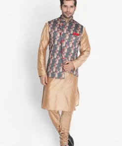 Vastramay Men's Gold Cotton Blend Kurta, Ethnic Jacket And Pyjama Set