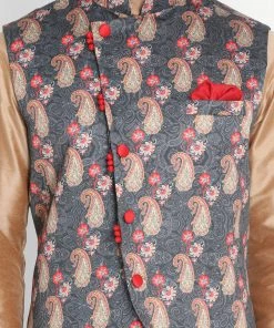 Vastramay Men's Gold Cotton Blend Kurta, Ethnic Jacket And Pyjama Set