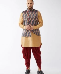 VASTRAMAY Men's Rose Gold Silk Blend Kurta And Dhoti Pant With Cotton Blend Ethnic Jacket Buy 1 Get 1