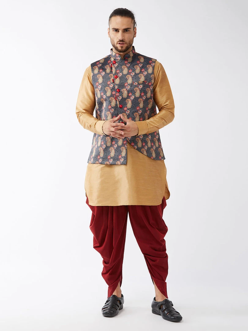 VASTRAMAY Men's Rose Gold Silk Blend Kurta And Dhoti Pant With Cotton Blend Ethnic Jacket Buy 1 Get 1 3 VASTRAMAY Men's Rose Gold Silk Blend Kurta And Dhoti Pant With Cotton Blend Ethnic Jacket Buy 1 Get 1