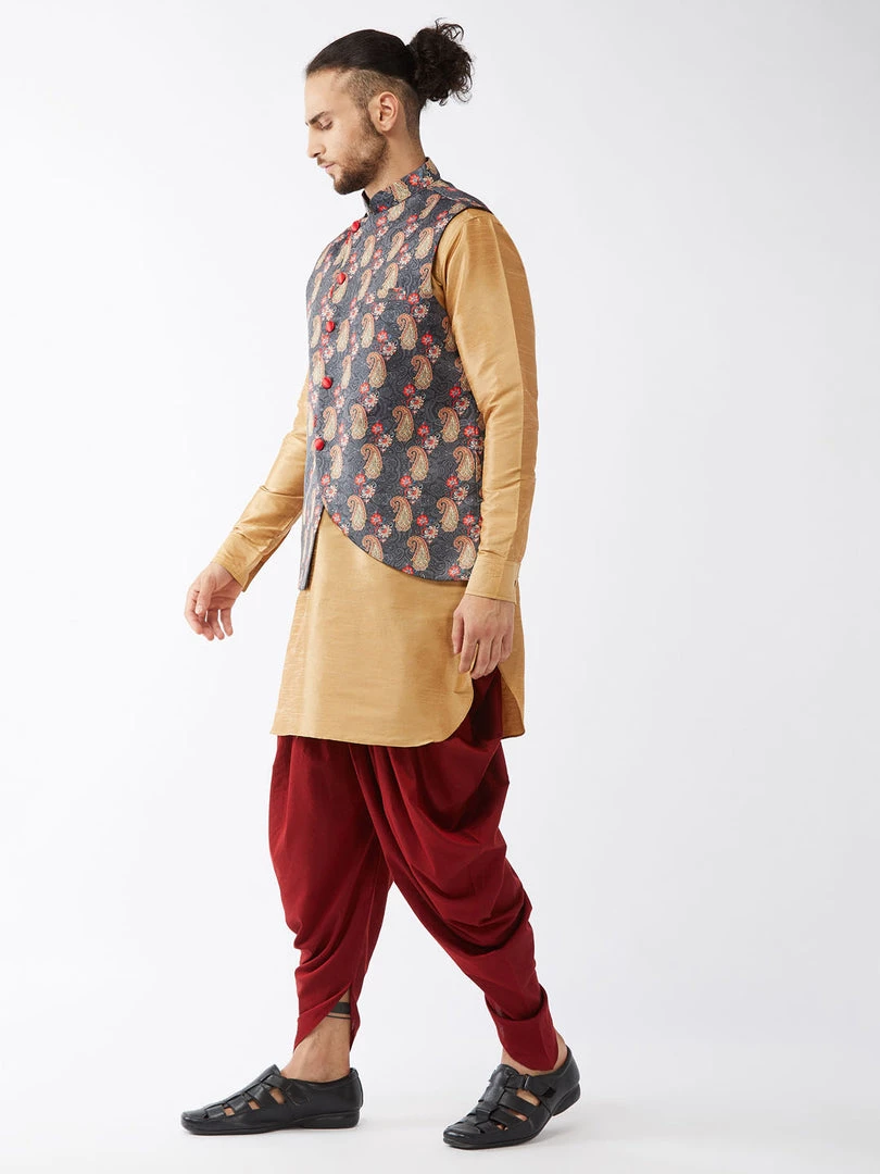 VASTRAMAY Men's Rose Gold Silk Blend Kurta And Dhoti Pant With Cotton Blend Ethnic Jacket Buy 1 Get 1 4 VASTRAMAY Men's Rose Gold Silk Blend Kurta And Dhoti Pant With Cotton Blend Ethnic Jacket Buy 1 Get 1