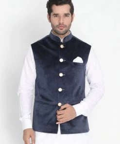 VASTRAMAY Men's Blue Velvet Ethnic Jacket