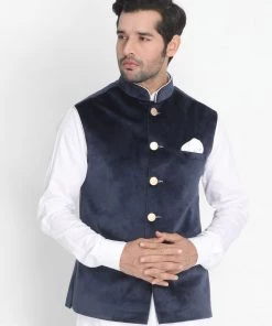 VASTRAMAY Men's Blue Velvet Ethnic Jacket