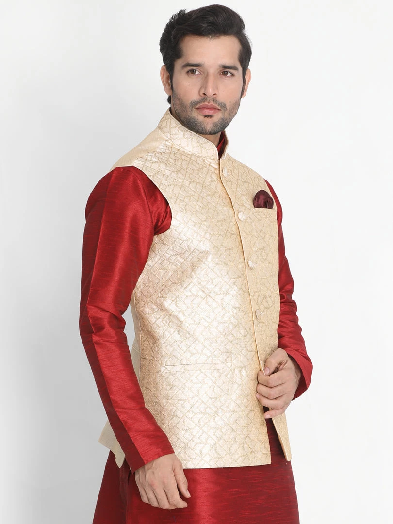 Buy 1 Get 1 VASTRAMAY Men's Beige Silk Blend Ethnic Jacket 4 Buy 1 Get 1 VASTRAMAY Men's Beige Silk Blend Ethnic Jacket