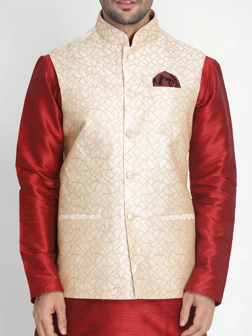 Buy 1 Get 1 VASTRAMAY Men's Beige Silk Blend Ethnic Jacket 5 Buy 1 Get 1 VASTRAMAY Men's Beige Silk Blend Ethnic Jacket