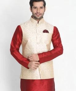 Buy 1 Get 1 VASTRAMAY Men's Beige Silk Blend Ethnic Jacket