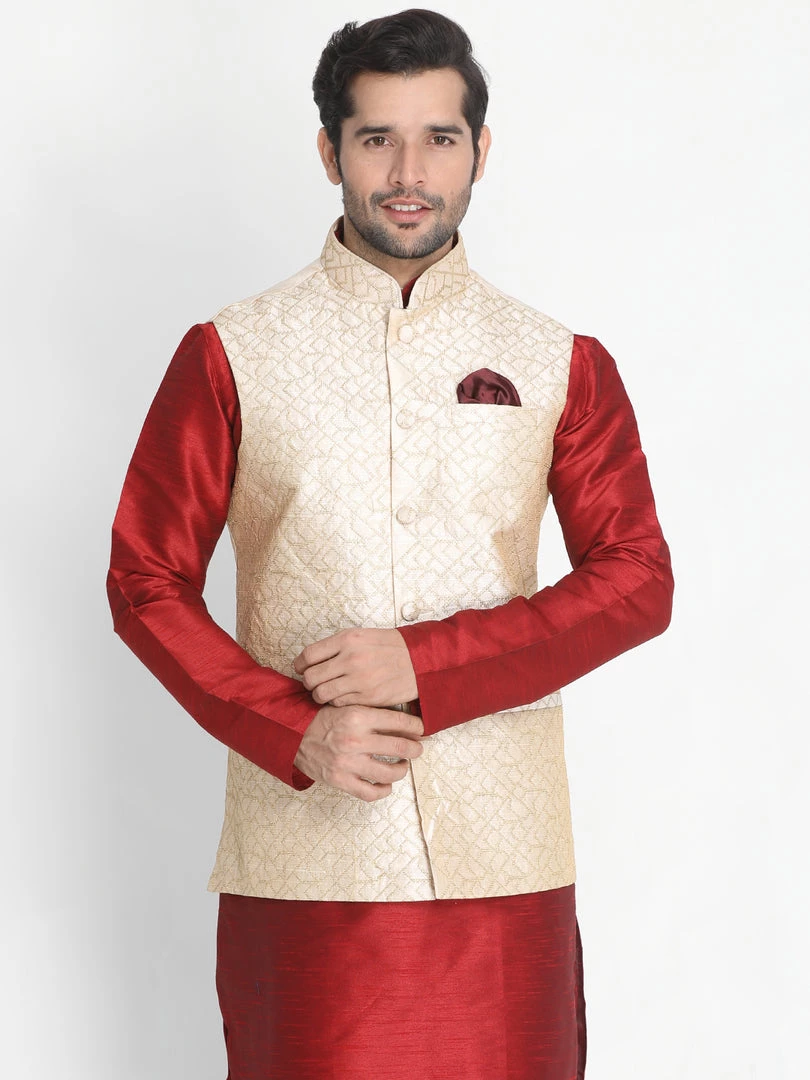 Buy 1 Get 1 VASTRAMAY Men's Beige Silk Blend Ethnic Jacket 3 Buy 1 Get 1 VASTRAMAY Men's Beige Silk Blend Ethnic Jacket