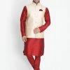 Vastramay Men's Maroon Silk Blend Kurta, Beige Ethnic Jacket And Churidar Set