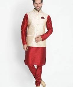Vastramay Men's Maroon Silk Blend Kurta, Beige Ethnic Jacket And Churidar Set