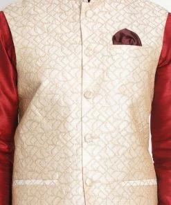 Vastramay Men's Maroon Silk Blend Kurta, Beige Ethnic Jacket And Churidar Set