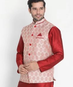 VASTRAMAY Men's Pink Cotton Silk Blend Ethnic Jacket Buy 1 Get 1