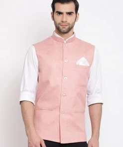 Vastramay Men's Peach Solid Classic Royal Cotton Blend Nehru Jacket