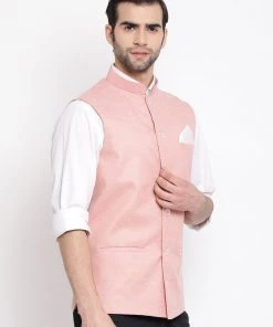 Vastramay Men's Peach Solid Classic Royal Cotton Blend Nehru Jacket