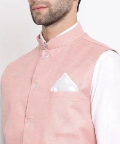 Vastramay Men's Peach Solid Classic Royal Cotton Blend Nehru Jacket