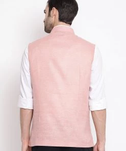 Vastramay Men's Peach Solid Classic Royal Cotton Blend Nehru Jacket