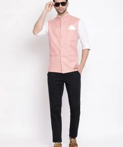 Vastramay Men's Peach Solid Classic Royal Cotton Blend Nehru Jacket