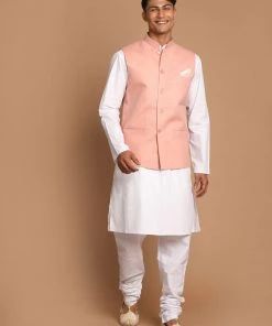 VASTRAMAY Men's White Cotton Kurta, Solid Royal Nehru Jacket And Pyjama Set