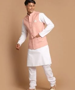 VASTRAMAY Men's White Cotton Kurta, Solid Royal Nehru Jacket And Pyjama Set