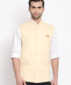 Vastramay Men's Cream Solid Classic Royal Cotton Blend Nehru Jacket