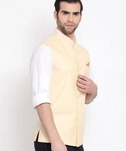 Vastramay Men's Cream Solid Classic Royal Cotton Blend Nehru Jacket