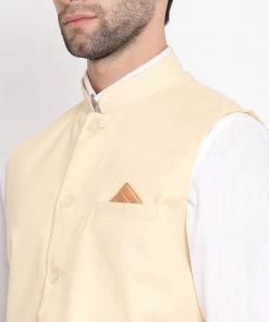 Vastramay Men's Cream Solid Classic Royal Cotton Blend Nehru Jacket