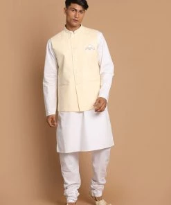 Kurta Sets VASTRAMAY Men's White Cotton Kurta, Solid Royal Nehru Jacket And Pyjama Set
