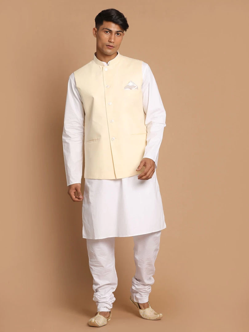 Kurta Sets VASTRAMAY Men's White Cotton Kurta, Solid Royal Nehru Jacket And Pyjama Set 3 Kurta Sets VASTRAMAY Men's White Cotton Kurta, Solid Royal Nehru Jacket And Pyjama Set